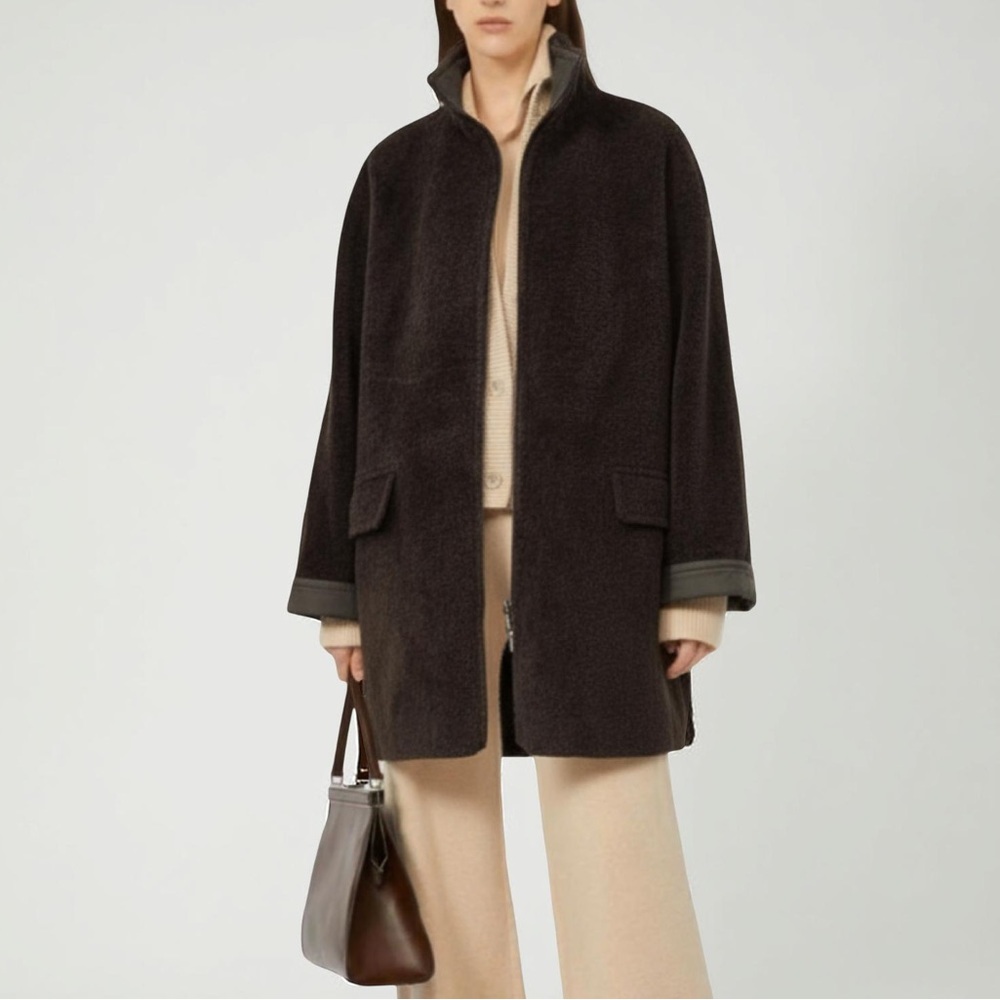 [12] MAX MARA Coat Reversible Alpaca Wool early-Teddy Brown Italy Zip Vintage